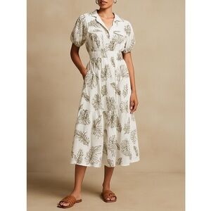 J. Gee Embroidered Leaf Midi Dress White Green M Button Front Elastic Waist